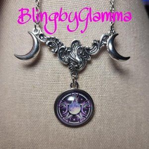 Purple New Moon Pentagram Wicca Cabochon NeckLace